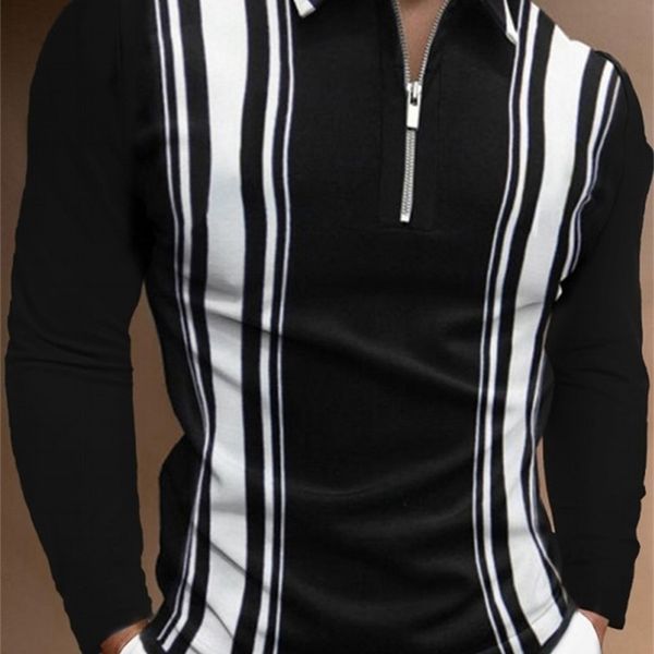 

men's polos black white striped plaid casual autumn long sleeve polo shirts male tee shirt golf clothing clothes for 220908, White;black