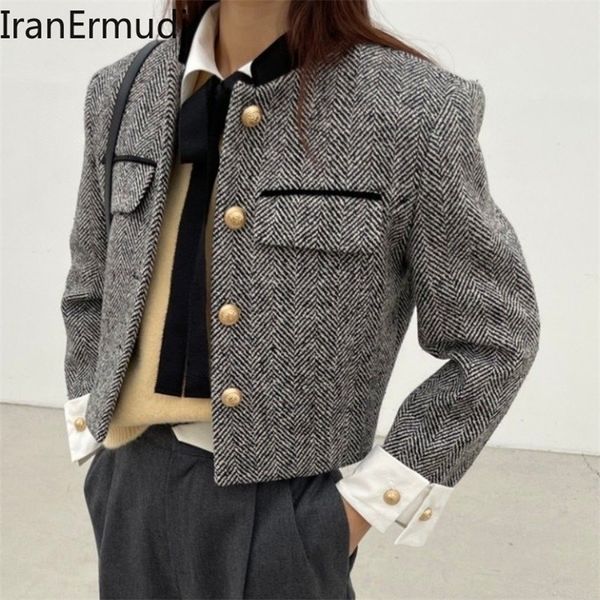 

womens jackets iranermudi tweed women vintage coat lady autumn winter fashoin button cropped jacket chic korean slim coats women clothes 22, Black;brown