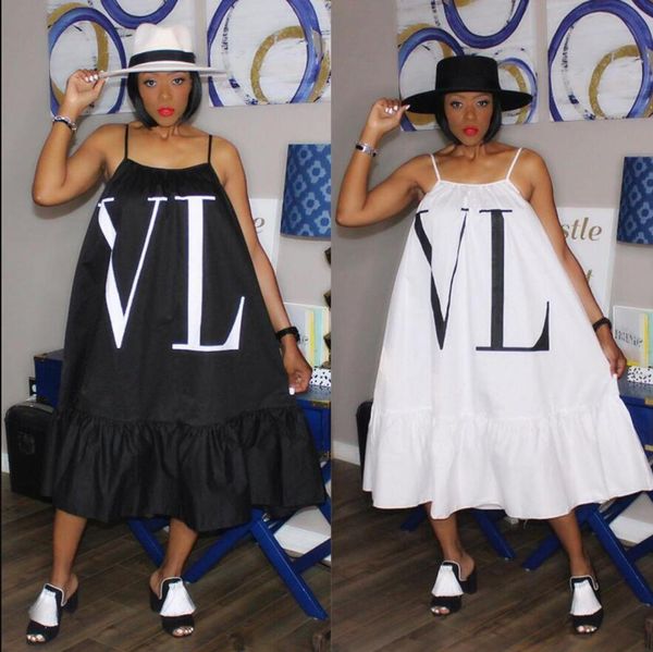 

2023l new women's sling dress skirt summer long fashion dress backless spaghetti strap solid color letter print night club casual loose, Black;gray