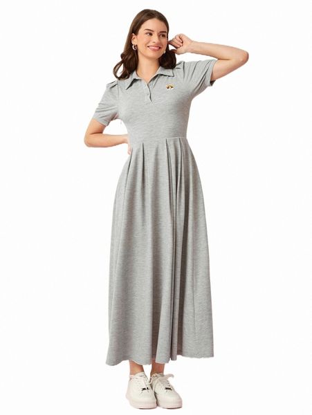

casual dresses cat patched half button placket shirt dress t9t5#, Black;gray