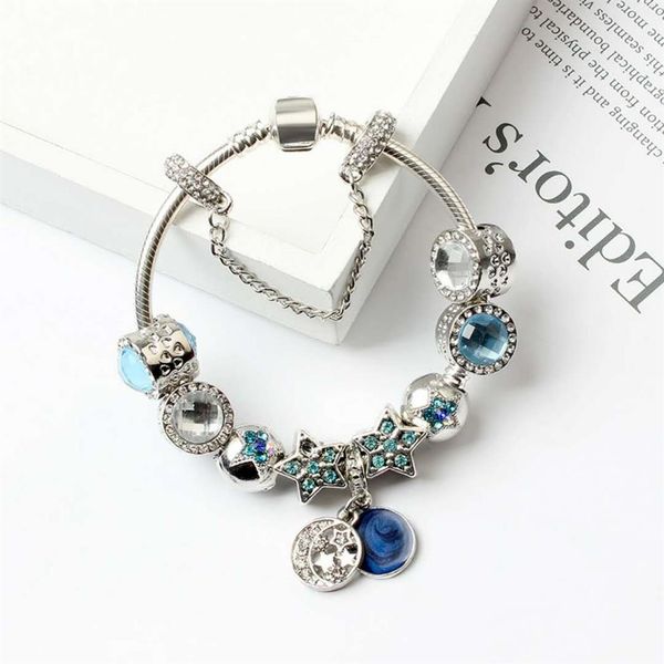 

new charm bracelets for blue cats eyes beads bracelet 925 silver bracelets bright stars moon bangle diy jewelry2143, Golden;silver