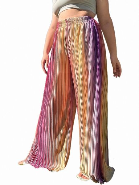 

plus size pants plus colorblock plisse wide leg pants i7ya#, Black