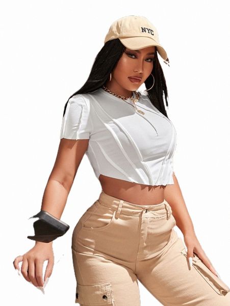 

women's t-shirt asymmetrical hem crop tee 2022 new 52zf#, White