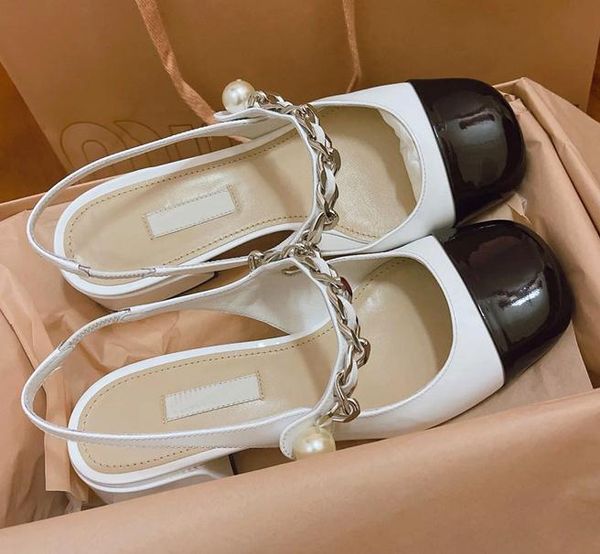 

miu new mary jane sandals and shoes girls retro platform thick heel 4cm 7cm female square toe buckle pearl chain women black white ballet le