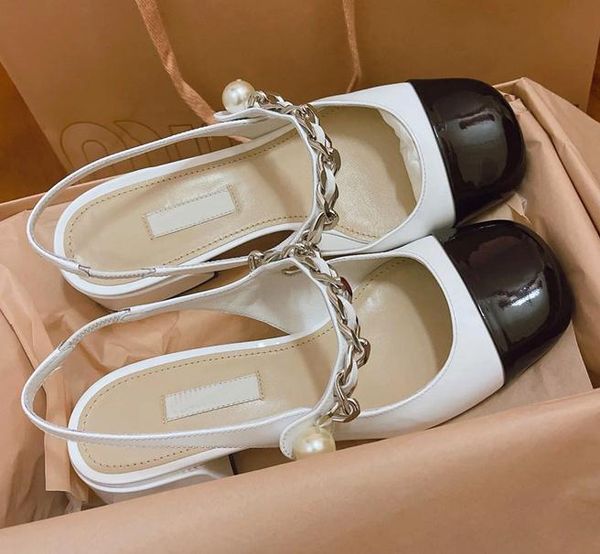 

miu jane women's mary sandals and shoes retro stitched with pearl chains lacing ladies' beach sandals holiday girls thick heel san, Black