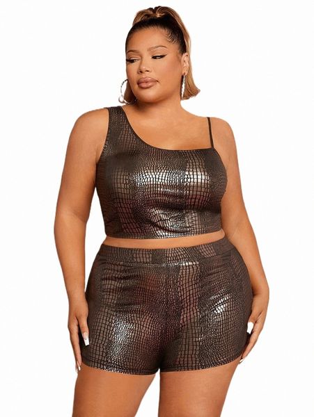 

plus size dresses sxy plus crocodile embossed asymmetrical neck & shorts h6u8#, Black