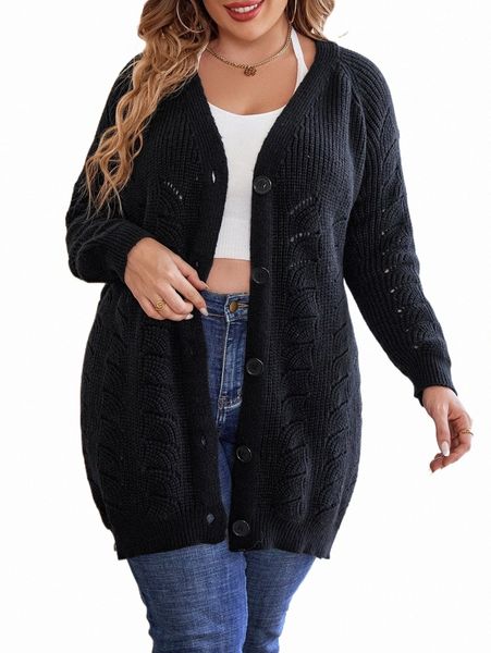 

plus size t-shirt plus raglan sleeve pointelle knit cardigan 07bd#, Black