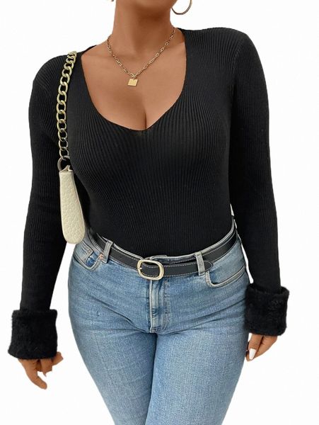 

plus size t-shirt plus fuzzy cuff ribbed knit sweater e2ro#, Black