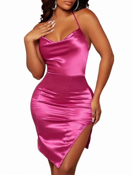 

casual dresses sxy cowl neck split thigh satin halter dress a32k#, Black;gray