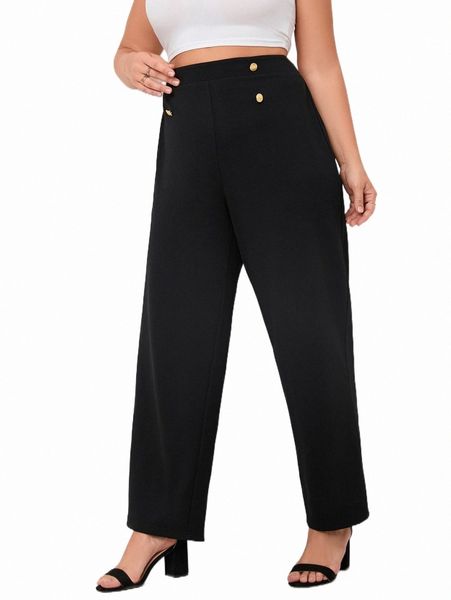 

plus size pants plus double button straight leg pants m5my#, Black