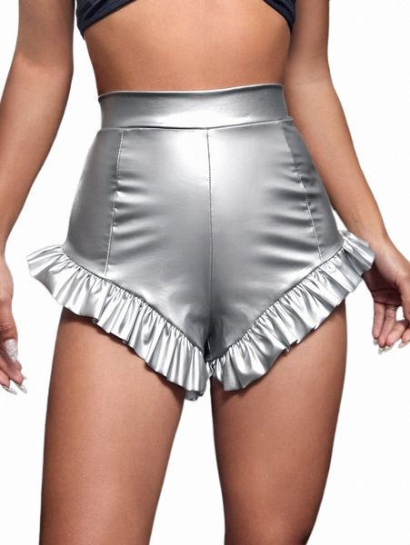 

women's shorts high waist ruffle hem metallic shorts b4ws#, White;black