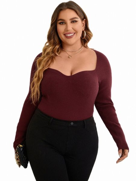

plus size t-shirt plus sweetheart neck ribbed knit sweater s2wv#, Black