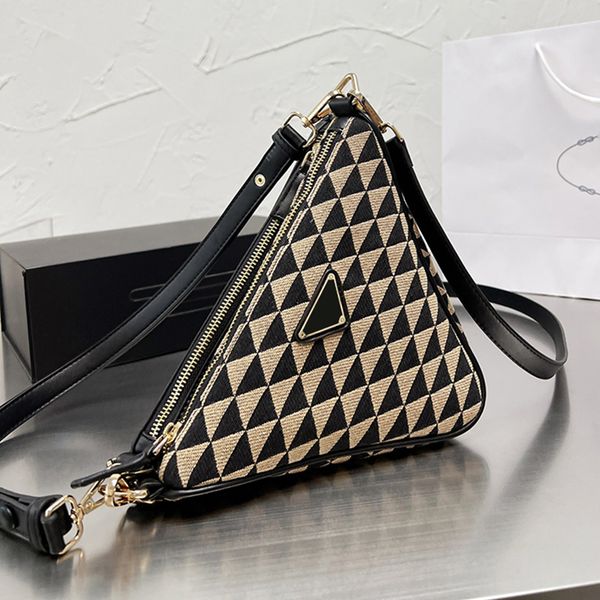 

2pc triangular crossbody bag women shoulder bags handbags leather embroidered fabric pochette detachable strap metal zipper pocket purse