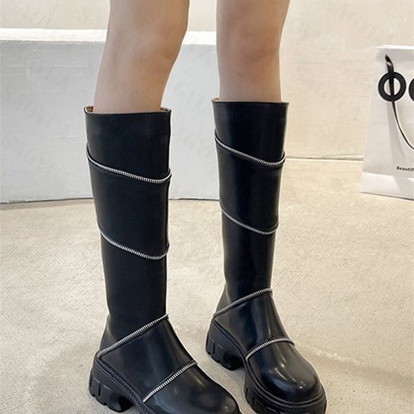 

boots women flats platform chelsea knee high boots winter fashion thick motorcycle high boots casual shoes zipper snow botas 220908, Black