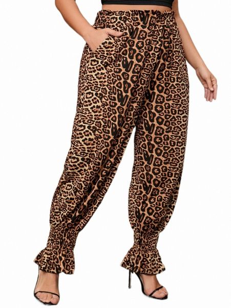 

plus size pants plus leopard print slant pocket pants x856#, Black