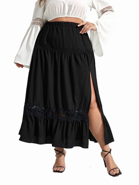 

plus size pants plus contrast lace split thigh ruffle hem skirt p7i6#, Black