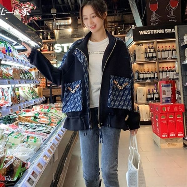 

womens jackets autumn winter women denim coats design sense stitching lapel short jacket large size loose casual elegant lady clothing 22090, Black;brown