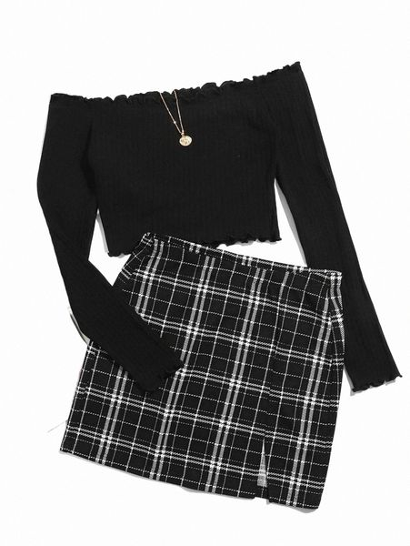 

plus size dresses plus lettuce trim tee & plaid skirt set d3mw#, Black