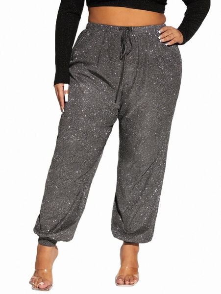 

plus size pants sxy plus drawstring waist glitter sweatpants 20rh#, Black