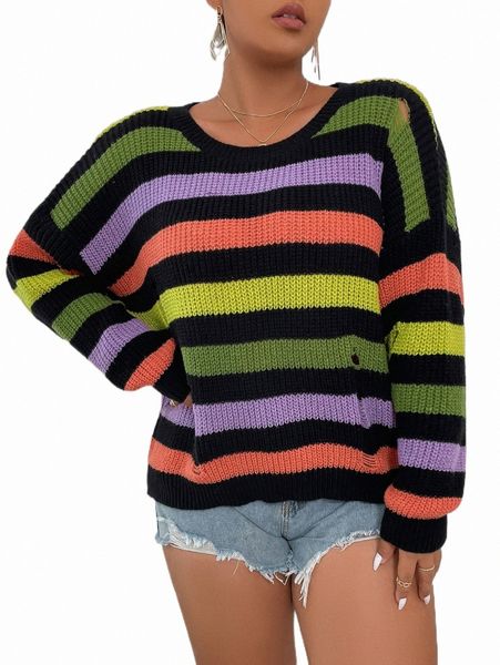 

plus size t-shirt plus block striped pattern ripped drop shoulder sweater 50pq#, Black
