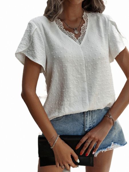 

women's blouses & shirts swiss dot lace trim blouse o6hs#, White