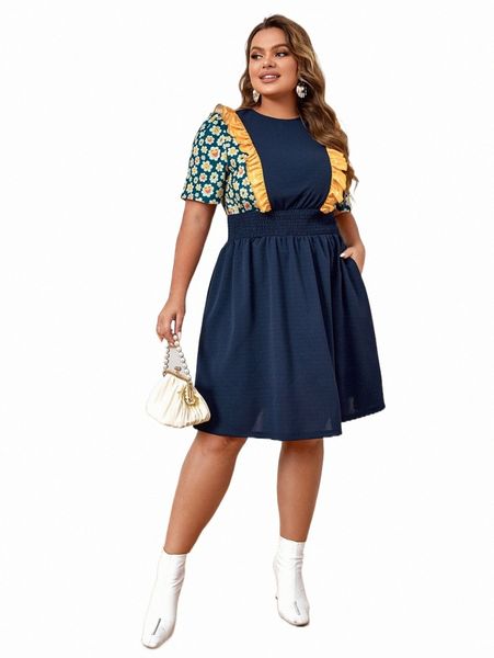 

plus size dresses x annetc plus contrast floral print ruffle trim dress 24hi#, Black