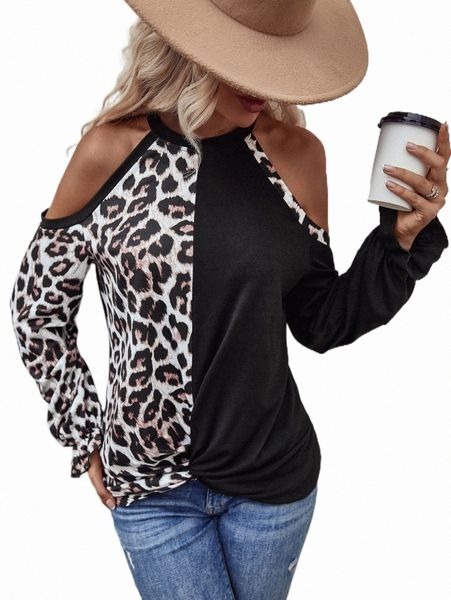 

women's t-shirt leopard print cold shoulder tee i4jt#, White