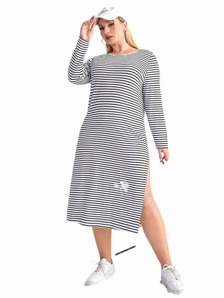 

plus size dresses plus striped print split thigh dress 75ti#, Black