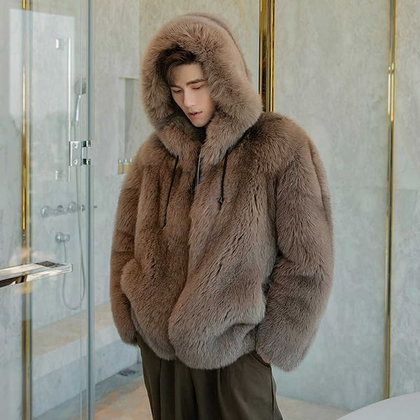 

men's fur & faux new designers whole skin imitation fur coat men's haining integrated jacket hooded youth fashion h4ek, Black