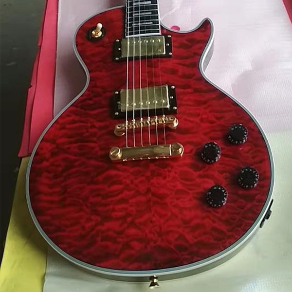 

china oem factory customized quilted red ebony fretboard electric guitar