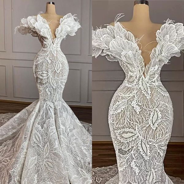 

gorgeous lace mermaid wedding dresses bridal gown off the shoulder feather plus size sweep train custom made beach beach country vestido de, White