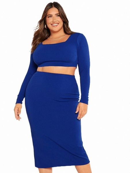 

plus size dresses evolu plus solid crop & split back skirt k4hr#, Black