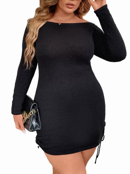 

plus size t-shirt plus off shoulder drawstring side sweater dress 51re#, Black