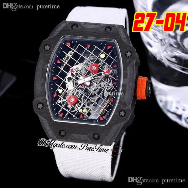 

27-04 tourbillon rafael nadal a21j automatic mens watch 2022 black carbon fiber case tennis racket skeleton dial red crown white nylon strap, Slivery;brown