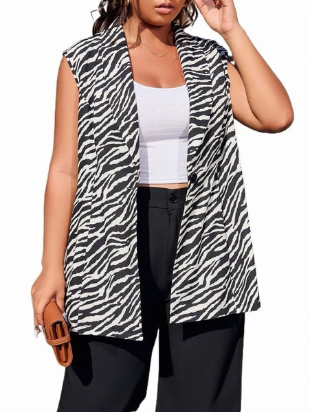 

plus size outerwear & coats plus zebra striped print vest coat 16ij#, Black