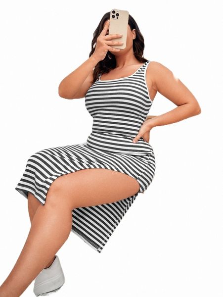 

plus size dresses plus striped split thigh cut out dress 95yy#, Black