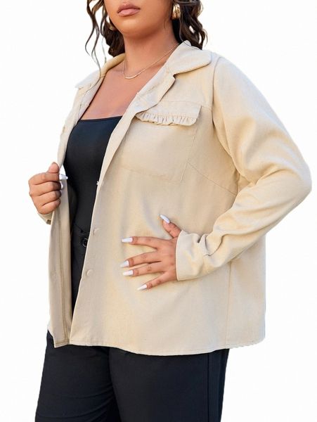 

plus size outerwear & coats plus frill trim flap pocket coat s7co#, Black
