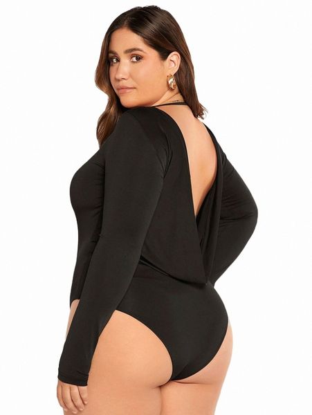 

plus size swimwear evolu plus draped backless tee bodysuit b6ws#, Black