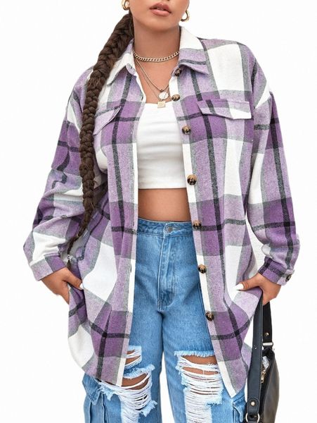

plus size outerwear & coats plus plaid print drop shoulder coat d5sv#, Black