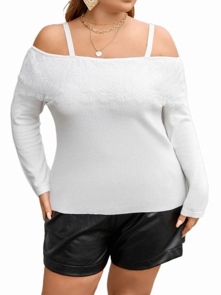 

plus size t-shirt plus cold shoulder eyelash lace panel sweater p9wi#, Black