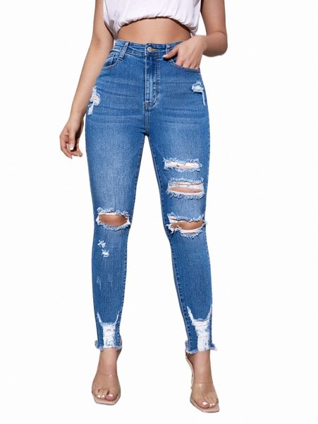

women's jeans high waist ripped raw trim skinny jeans y5pn#, Blue