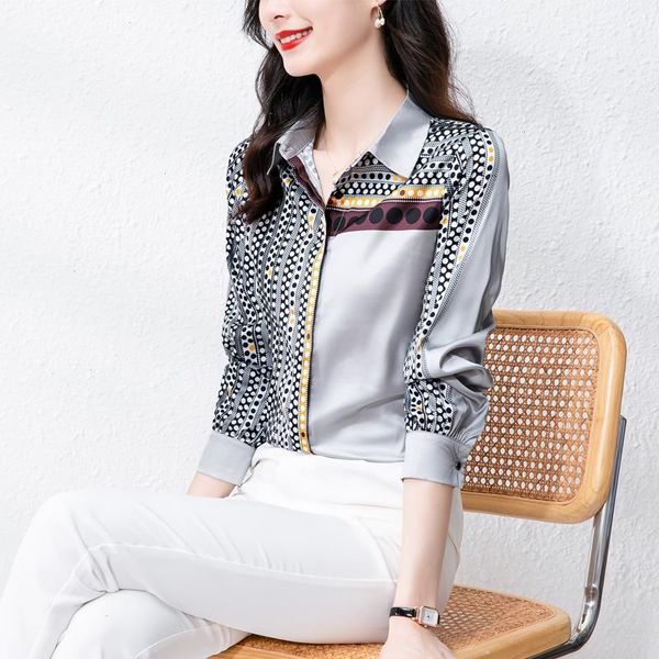 

chic fashion shirt women blouse vintage print long sleeve silk satin office lady, White