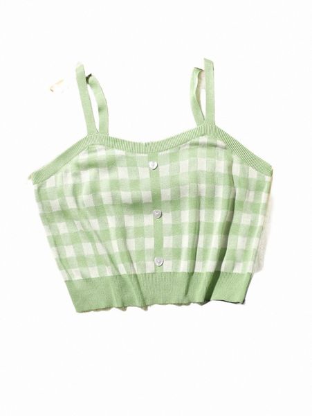 

plus size t-shirt plus gingham fake button cami knit n57l#, Black