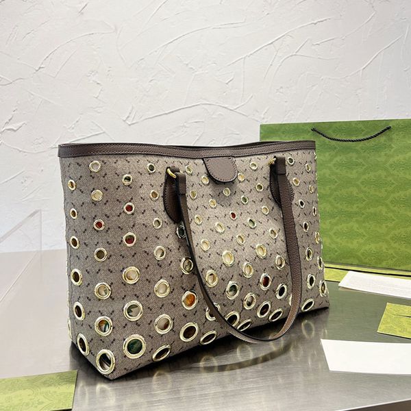 

women shoulder shop bag designer canvas tote bags hollow out handbags metallic ring purse large capacity genuine leahter gold