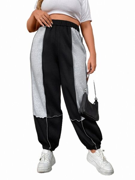 

plus size pants plus two tone elastic waist sweatpants 404b#, Black