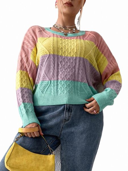 

plus size t-shirt plus colorblock cable knit drop shoulder sweater i0oh#, Black