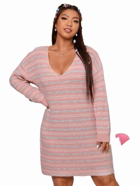 

plus size t-shirt plus stripe pattern drop shoulder sweater dress v0fj#, Black