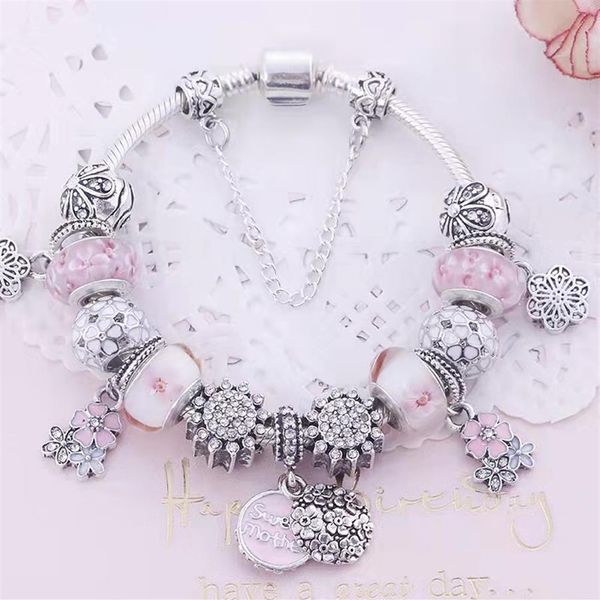 

18 to 21cm peach blossom charm bead bracelet sweet mother charms pendant fit silver bangle or snake chain diy jewelry accessories 197k, Golden;silver