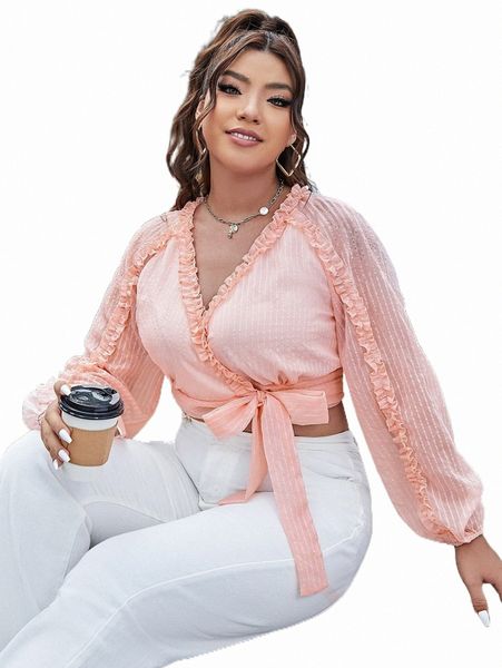 

plus size t-shirt plus frill trim knot front crop blouse t9ts#, Black