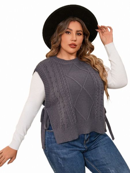 

plus size t-shirt plus 1pc knot side cable knit sweater vest n9oj#, Black
